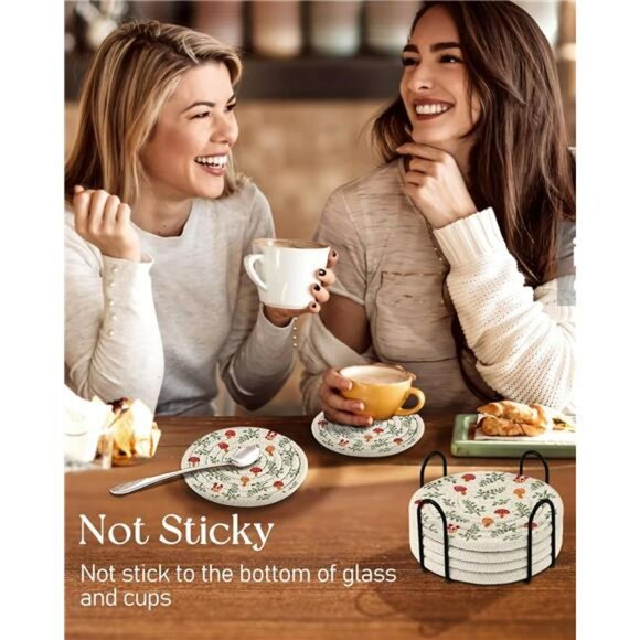 Woven Cotton Linen Coasters Set of 6 with Holder Absorbent Drink Cup Mats Coffee - Picture 2 of 7